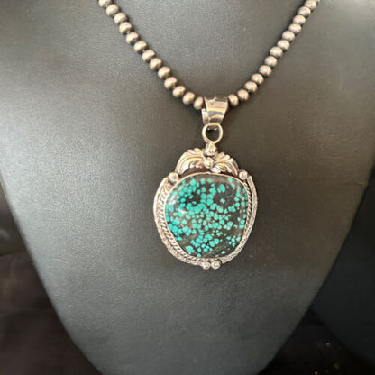 Men's Blue Spiderweb Turquoise Necklace Pendant | Navajo Sterling Silver | Authentic Native American Handmade | 14258