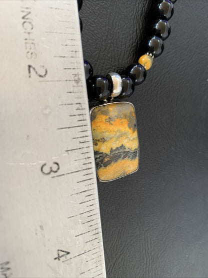 Men's Navajo Pearls Onyx Bumblebee Jasper Necklace Pendant | Sterling Silver | Native American Handmade | 10327