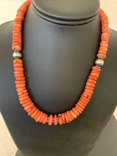 Native American Pink Coral Navajo Bead Necklace | Sterling Silver | 18" | 01951