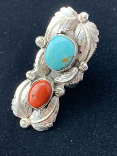 Navajo Royston Turquoise, Coral, and Multi-Stone Men's Ring | Authentic Native American Sterling Silver | Sz 8 | 1808