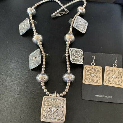 Navajo Square Blue Naja Necklace Set | Authentic Native American Sterling Silver | Handmade Stamped | 10767