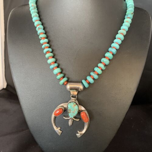 Navajo Sterling Silver Necklace | Blue Turquoise & Coral Naja Pendant | Authentic Native American Handmade | 13747