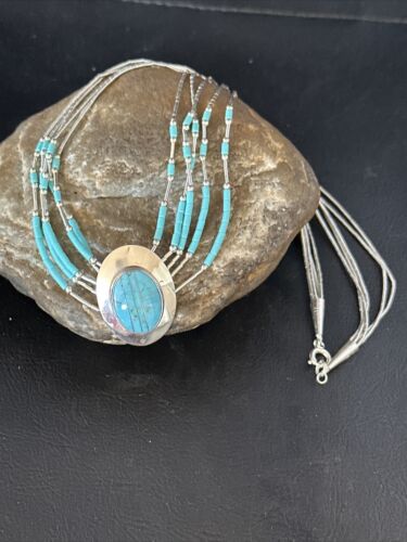 Liquid Silver Heishi 5-Strand Pendant Necklace | Sterling Silver | Turquoise | Navajo | 14820