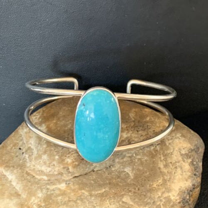 Minimalist Women's Cuff Bracelet | Sterling Silver | Blue Kingman Turquoise | 12866