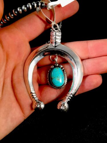 Navajo Turquoise #8 Naja Pendant | Sterling Silver Necklace | Authentic Native American Handmade | 8670
