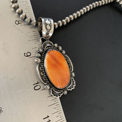 Navajo Pearls Orange Spiny Oyster Pendant Necklace | Sterling Silver | Authentic Native American Handmade | 13750