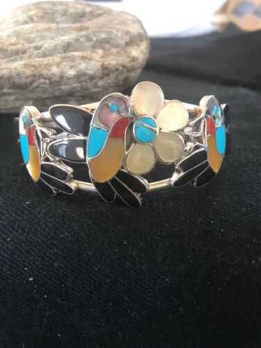 Zuni Sterling Inlay Hummingbird Bracelet | Multi Stone Turquoise | Old Pawn  | 7.5" | 8299