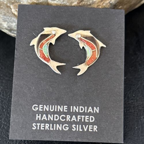 Navajo Multi-Color Dolphin Coral Lapis Inlay Earrings | Sterling Silver | Authentic Native American Handmade | 14658