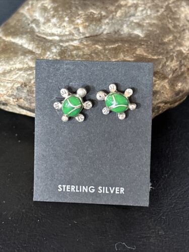 Navajo Turtle Green Turquoise Inlay Earrings | Sterling Silver | Authentic Native American Handmade | 14778