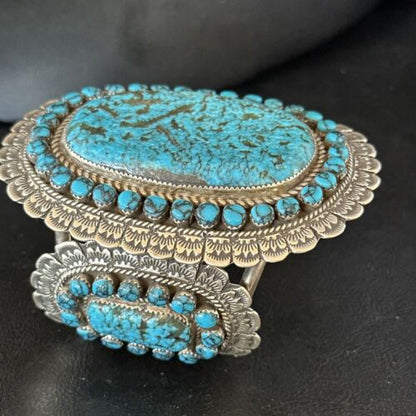 Handmade Native American Blue Kingman Turquoise Cuff Bracelet | Sterling Silver | 14223