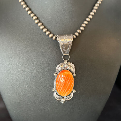 Navajo Orange Spiny Oyster Necklace Pendant | Sterling Silver | Authentic Native American Handmade | 14681