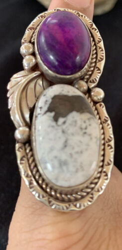 Navajo White Buffalo Turquoise & Sugilite Ring | Authentic Native American Sterling Silver | Multi-Stone | Sz 9.5 | 00309