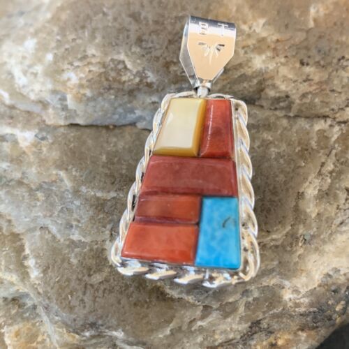 Zuni Yellow MOP Turquoise Coral Inlay Sun Face Sterling 2Sided Pendant 1684