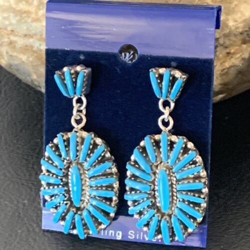 Zuni Handmade Kingman Turquoise Needle Point Dangle Earrings | Sterling Silver | 11622 - Masha USA