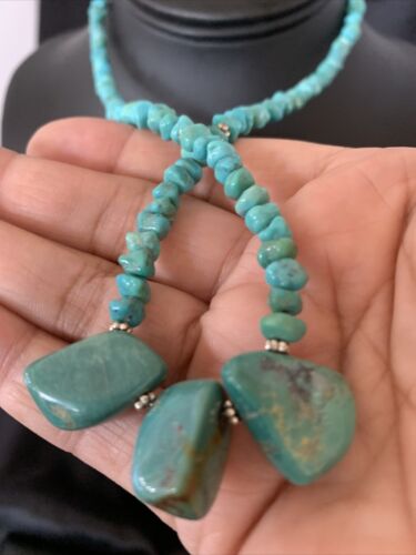 Navajo Blue Turquoise Nugget Pendant Necklace | Sterling Silver Pearls | 20" | Authentic Native American Handmade | 12445