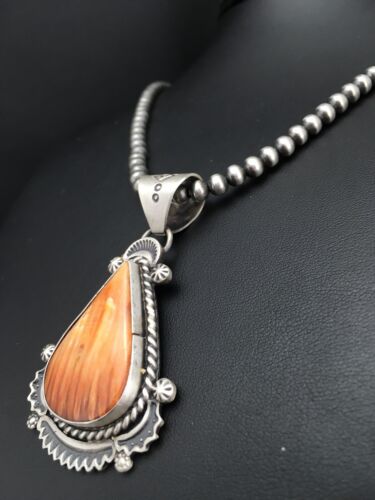 Navajo Orange Spiny Oyster Pendant Necklace | Sterling Silver Pearls | Authentic Native American Handmade | 4883