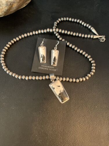 Navajo White Buffalo Turquoise Pendant | Sterling Silver Dangle Earrings | Authentic Native American Handmade | 14099