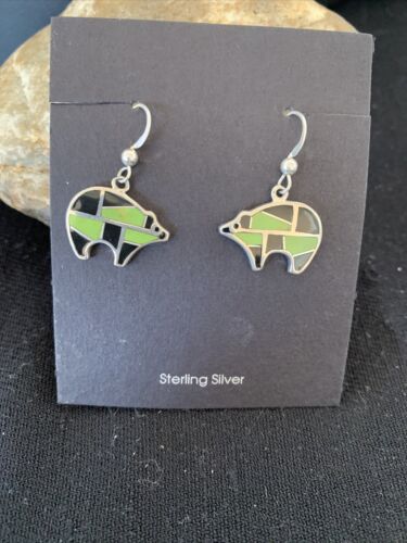 Navajo Green Gaspeite & Onyx Bear Inlay Earrings | Sterling Silver | 0.25" | 1512