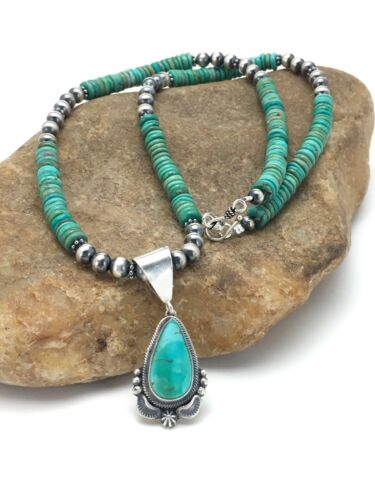 Navajo Green Turquoise Pendant Necklace | Sterling Silver | Authentic Native American Handmade | 2645