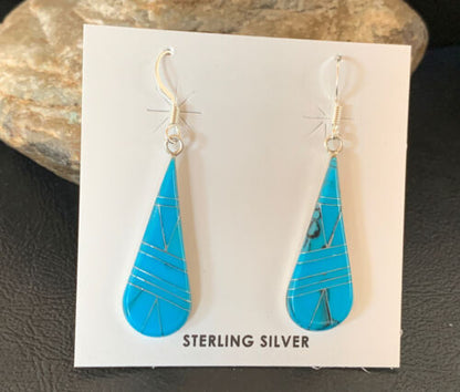 Navajo Blue Turquoise Inlay Dangle Drop Earrings | Sterling Silver | 1.5" | 12310