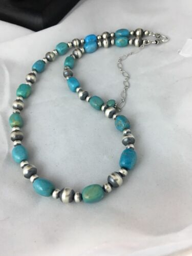 Authentic Native American | Navajo Sterling Silver Turquoise Necklace | Blue Green | 18" | 384