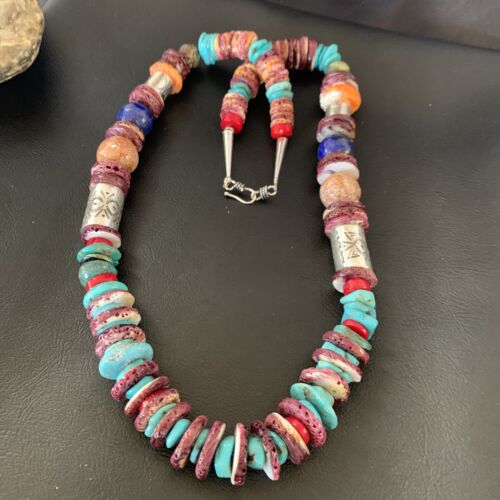 Navajo Turquoise Spiny Oyster Coral Lapis Necklace | Sterling Silver | 24" | Authentic Native American Handmade | 11871