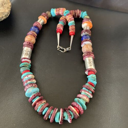Navajo Turquoise Spiny Oyster Coral Lapis Necklace | Sterling Silver | 24" | Authentic Native American Handmade | 11871