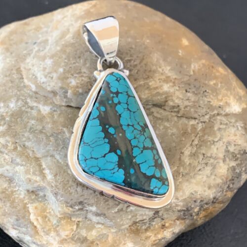 Navajo Men's Pendant | Sterling Silver Spiderweb Turquoise | 2" | Authentic Native American Handmade | 10756