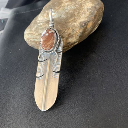 Men's Wild Horse Turquoise Feather Pendant | Navajo Sterling Silver | Authentic Native American Handmade | 13986