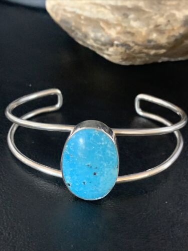 Women's Sterling Silver Blue Kingman Turquoise Cuff Bracelet | Authentic Native American Handmade | 14067