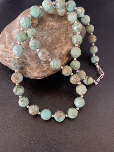 Navajo Pearls Necklace | Sterling Silver | Faceted Green Turquoise | Authentic Native American Handmade | 20" | 11737