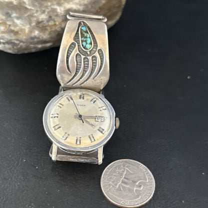 Men's Bear Paw Blue Turquoise Chip Inlay Watch Tips | Navajo Sterling Silver | Authentic Native American Jewelry | 14310