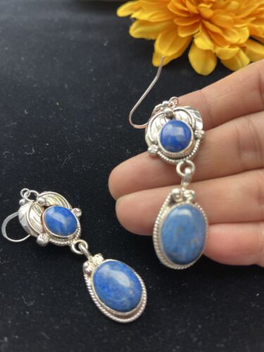Native American Navajo Denim Lapis Dangle Earrings | Sterling Silver | 2" | 01792 - Masha USA