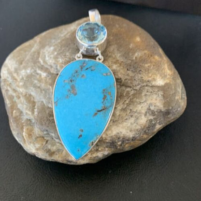Southwestern Navajo Blue Topaz Turquoise Pendant | Sterling Silver | 3" | 10711