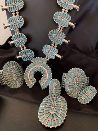 Navajo Blue Turquoise Squash Blossom Necklace | Sterling Silver | 7Pc Cluster Pendant | 12084