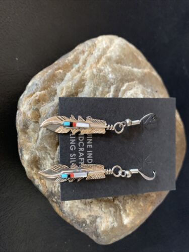 Navajo Coral Inlay Feather Earrings | Sterling Silver | Authentic Native American Handmade | 13065