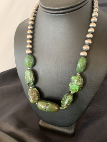 Navajo Chunky Graduated Natural Green Turquoise Necklace | Sterling Silver | Authentic Native American | 18" | 11770