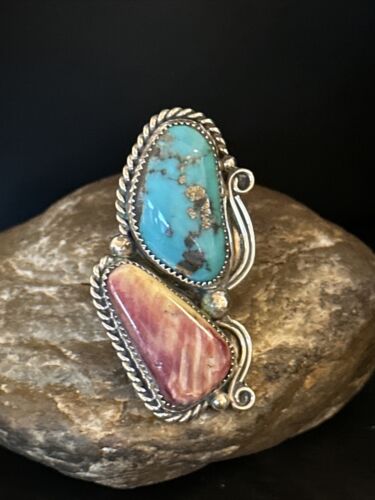 Navajo Turquoise Spiny Oyster Multi-Stone Ring | Authentic Native American Sterling Silver | Sz 10 | 14493