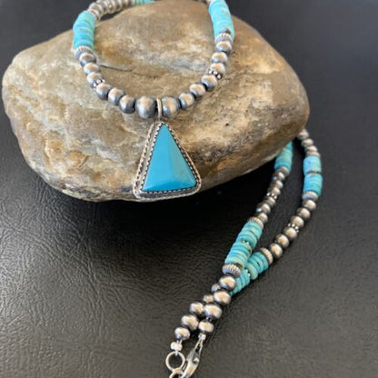 Men's Blue Turquoise Pendant Necklace | Navajo Pearls | Sterling Silver | Native American Handmade | 12616