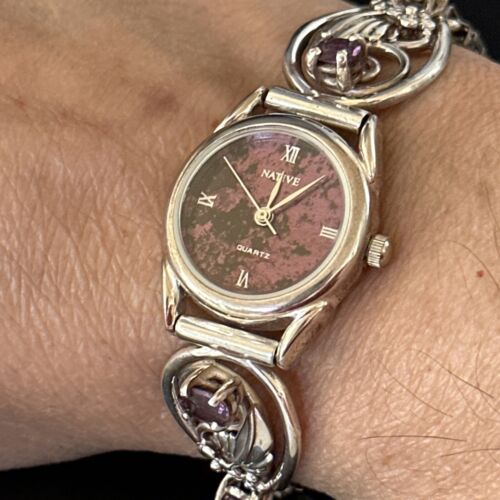 Authentic Navajo Sterling Silver Wrist Watch Tips | Purple Amethyst Feather Design | Women's Jewelry | 14315