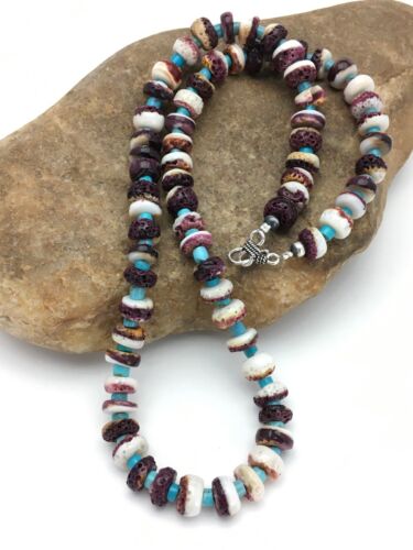 Purple Spiny Oyster & Turquoise Navajo Sterling Silver Bead Necklace 2617