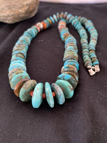 Navajo Sterling Silver Natural Blue Turquoise & Spiny Oyster Graduated Necklace | Authentic Native American | 28" | 331