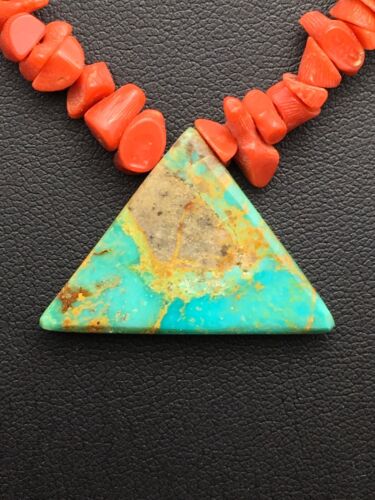 Navajo Kingman Turquoise and Coral Pendant Necklace | Brass | 19" | Authentic Native American Handmade | 4030 - Masha USA