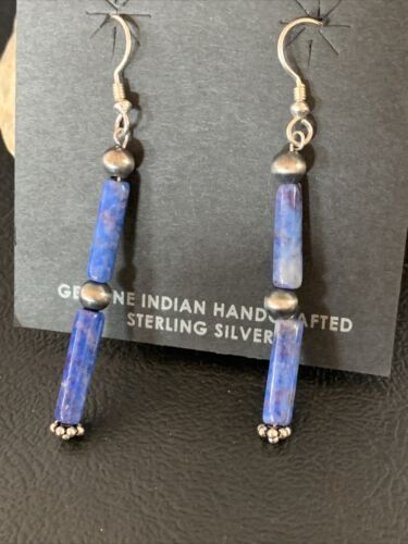 Navajo Denim Lapis Lazuli Bead Dangle Drop Earrings | Sterling Silver | Authentic Native American Handmade | 13040