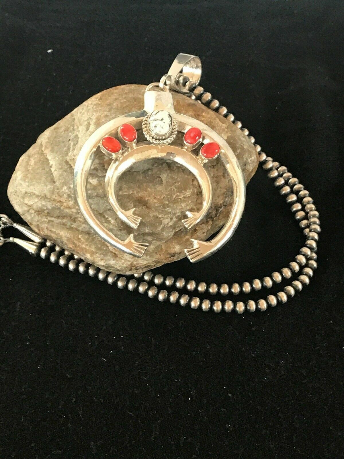 Navajo Spiny Oyster Naja Pendant Necklace | Sterling Silver Squash Blossom | 8508