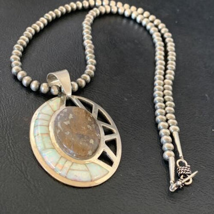 Navajo White Opal Inlay Jasper Pendant | Sterling Silver | 2.5" | Authentic Native American Handmade | 12271