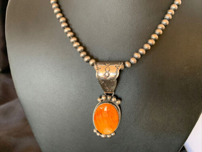 Navajo Orange Spiny Oyster Pendant Necklace | Sterling Silver | Authentic Native American Handmade | 13082