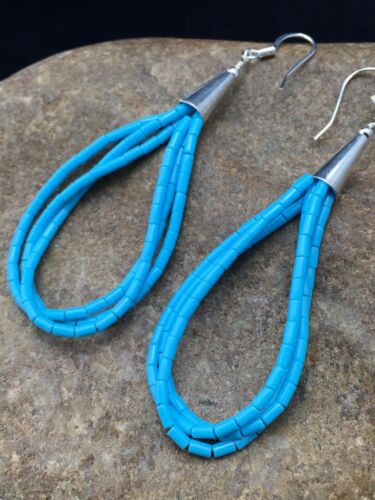 Liquid Silver Heishi Dangle Earrings | Blue Turquoise | Sterling Silver | 3-Strand | 2.5" | 4371