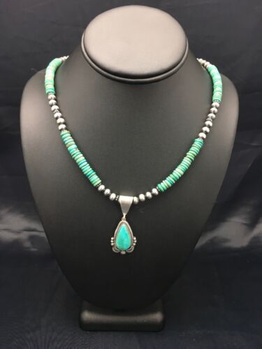 Navajo Green Turquoise Pendant Necklace | Sterling Silver | Authentic Native American Handmade | 2645