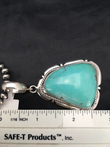 Men's Blue Turquoise Pendant | Navajo Pearls Sterling Silver Necklace | Authentic Native American Handmade | 3915